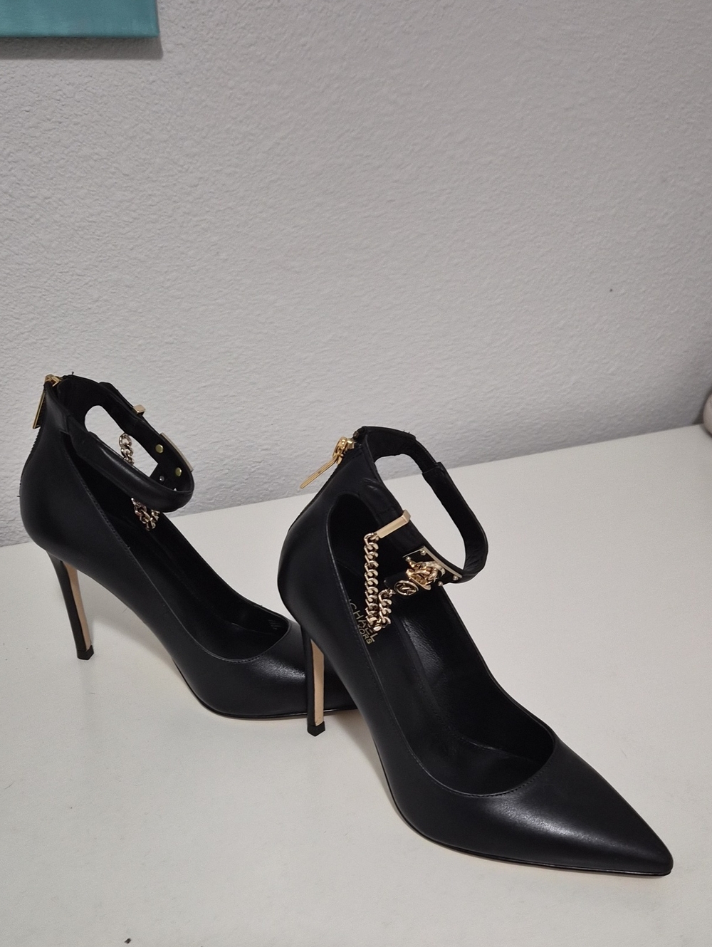 Michael Kors Black Pointed Toe Ankle-Strap Heels with Gold Chain